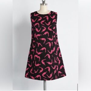 ModCloth shrimp krill print shift dress black pink linen blend pockets small